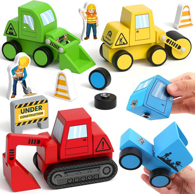 Snap Together Vehicle Toys for Toddlers, Wooden Montessori Take Apart Constructi