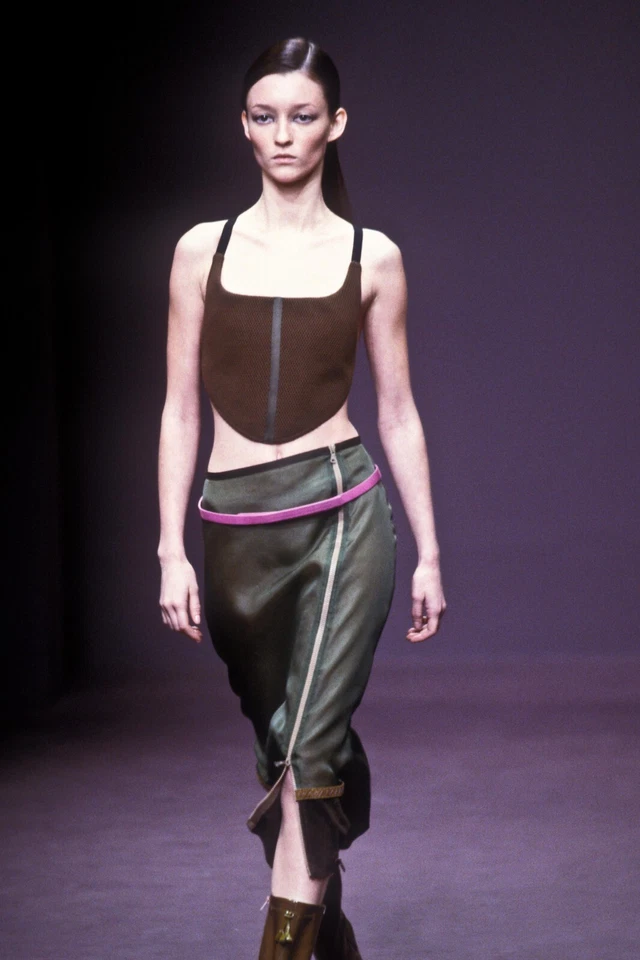 Prada 复古 Archive 1999 年秋季绿色丝绸 Organza 棕色麂皮绒装饰拉链裙 40 — 第 3/4 张图片