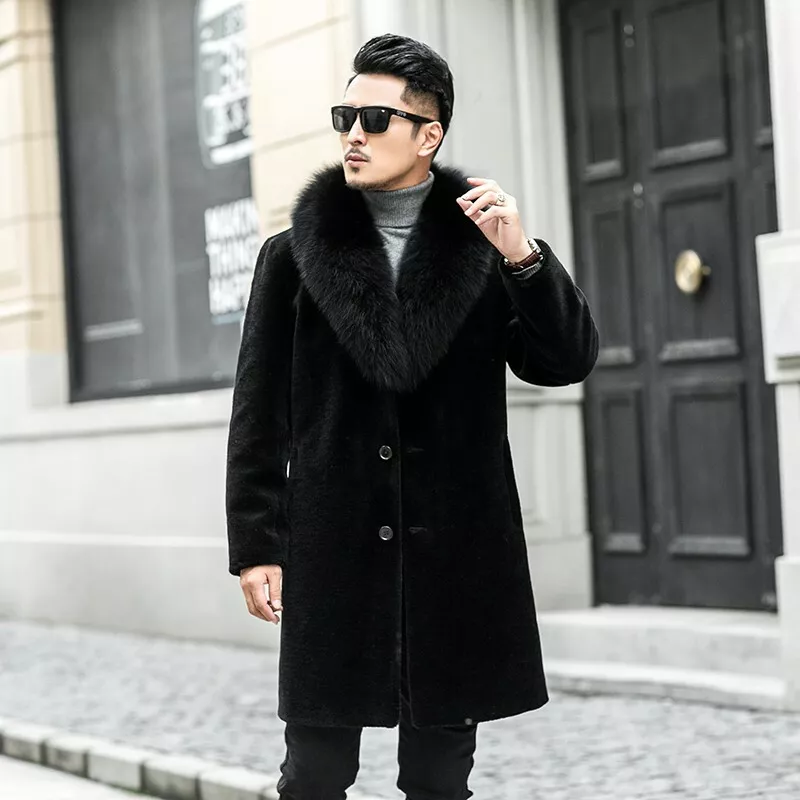 Winter Mens Faux Mink Fur Collar Jacket Outwear Overcoat Parka Business Warm New