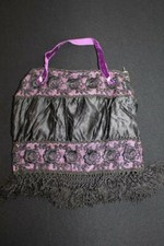 ANTIQUE FRENCH EDWARDIAN BLACK SILK SATIN SILK LACE SILK FRINGE PURSE 10" X 9"