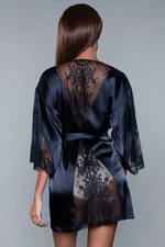 NEW sexy BE WICKED satin SHEER lace QUARTER sleeves SHORT tie sash ROBE lingerie