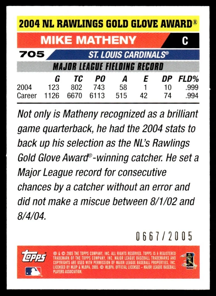2005 Topps Gold Mike Matheny /2005 St. Louis Cardinals #705 - Image 2 of 2