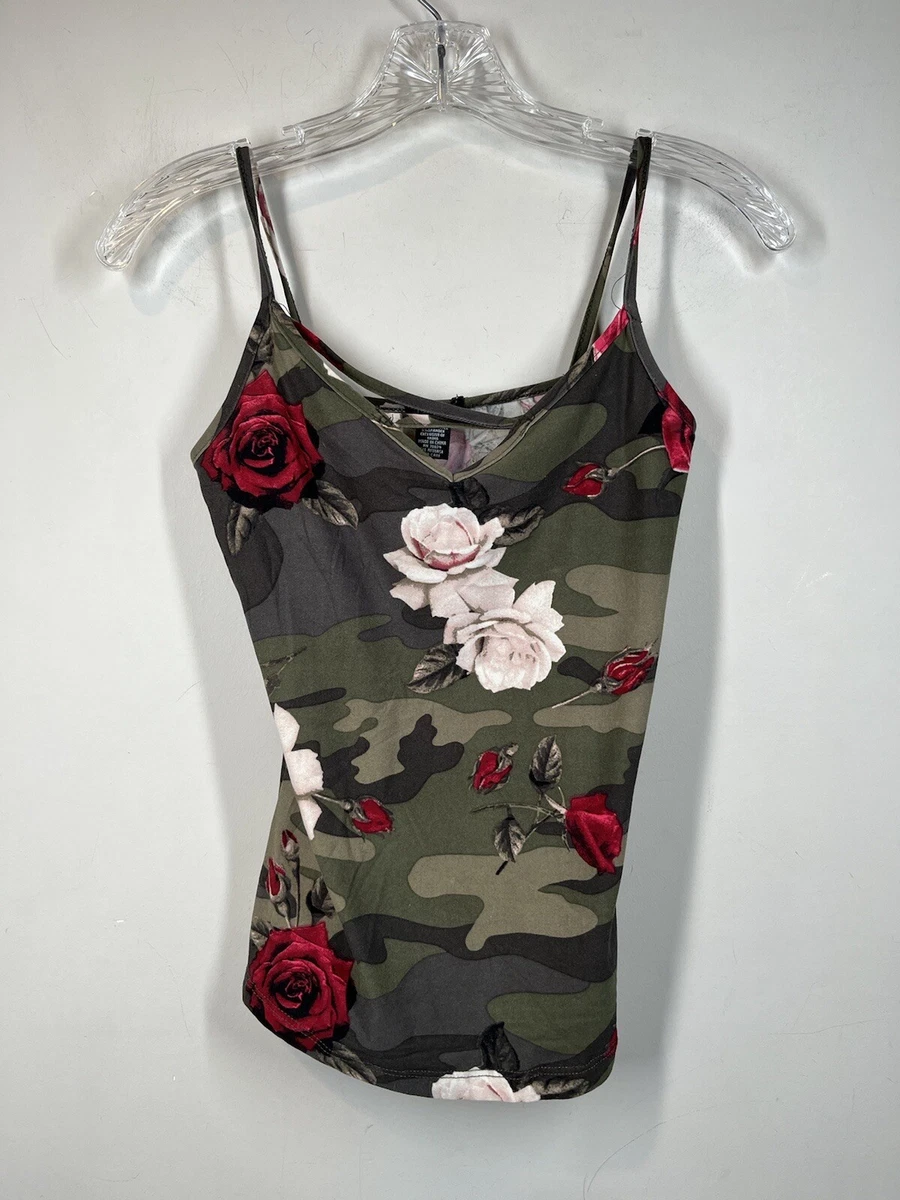 Vtg Rue 21 Babydoll Tank Top Sz S Camo Roses Spaghetti Straps Y2K
