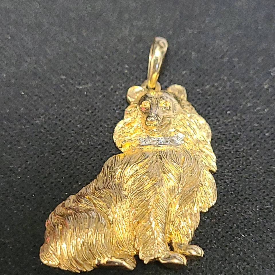 Colgante Collie Perro Oro Amarillo 10K 3.4g con Collar Diamante Etiqueta Lassie Cachorro Foto 2 de 4