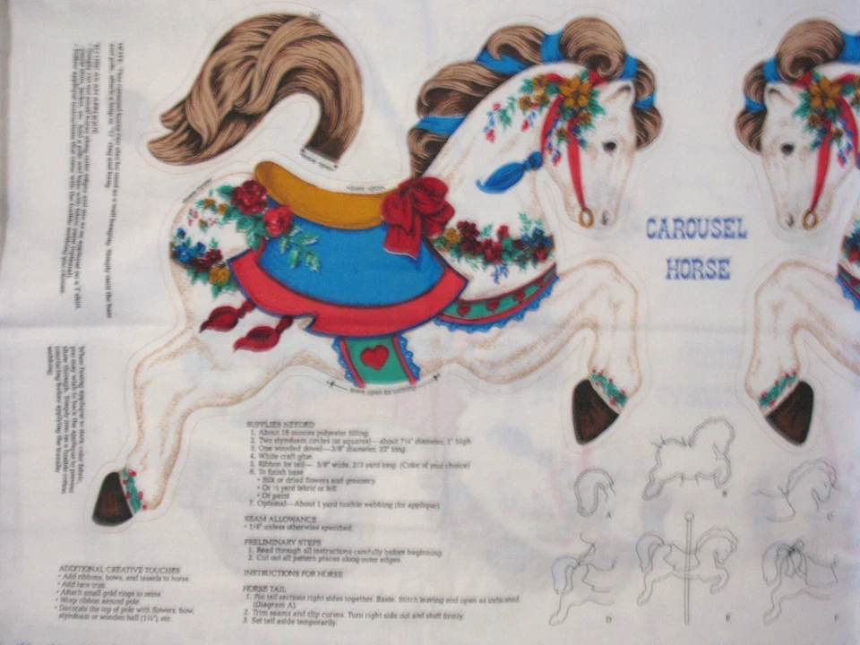* Carousel Horse Cotton Fabric Panel w bonus Applique 18x45" 2 sided pillow NEW - Image 3 of 4