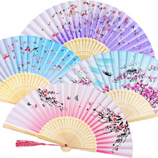 4 Pack Floral Folding Fans Handheld Silk Bamboo with Tassel for Weddings Gifts