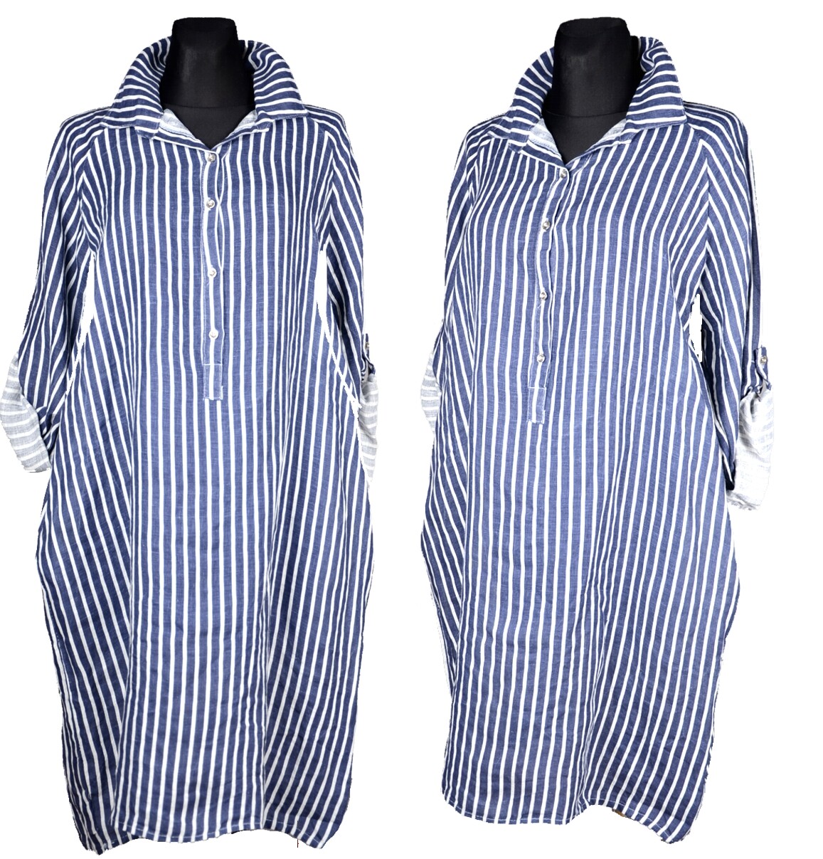 Sommer Tunika Strand Kleid A-Form gestreift Blau Schwarz 36 38 40 42 44 S M L