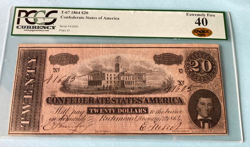 1864 $20 Confederate Sates Twenty CSA Banknote ~ Choice XF PCGS 40 ~ Currency - Picture 2 of 7