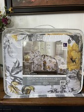 Penrose Floral Quilt Set King 3pc Cotton Reversible Bedding Yellow Gray Lush Dec