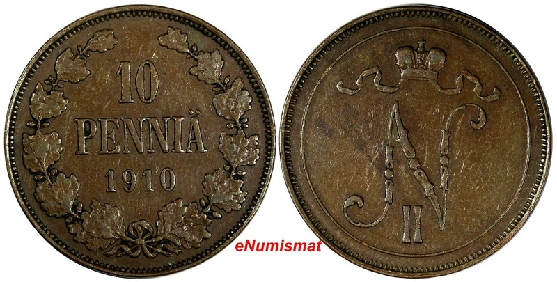 Finland Nicholas II Copper 1910 10 Pennia Mintage-241,000 ch.VF  KM# 14 (14 871)
