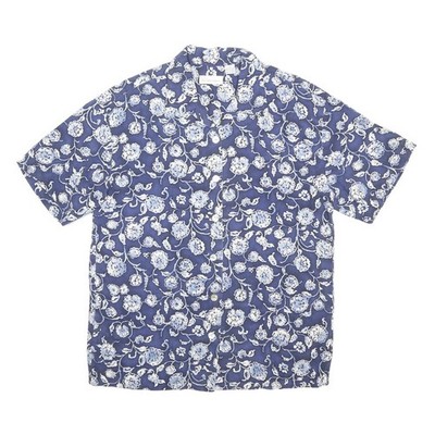 DANA BUCHMAN Damen Bluse Blau Weiß Floral Seide Hemd L Kurzarm Klassisch