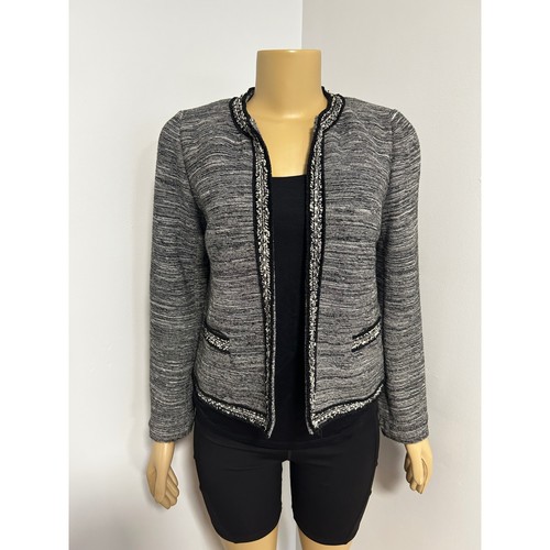 Talbots, Talbots Petites Black White Space Dye Open Front Fringe Trim Jacket Size MP