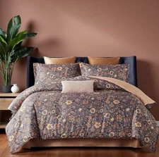 NEW Anthropologie Purple Silky Floral Boho King Comforter Bedding & Sham Set
