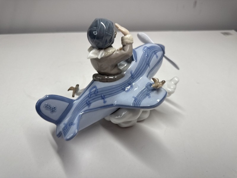 Lladró Porcelain Child Pilot Airplane Figurine, Blue White Glossy Signed
