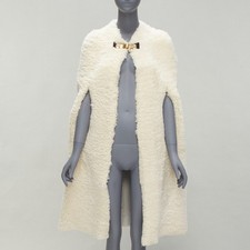 rare OLD CELINE Phoebe Philo 2010 Runway gold buckle cream shearling cape FR36