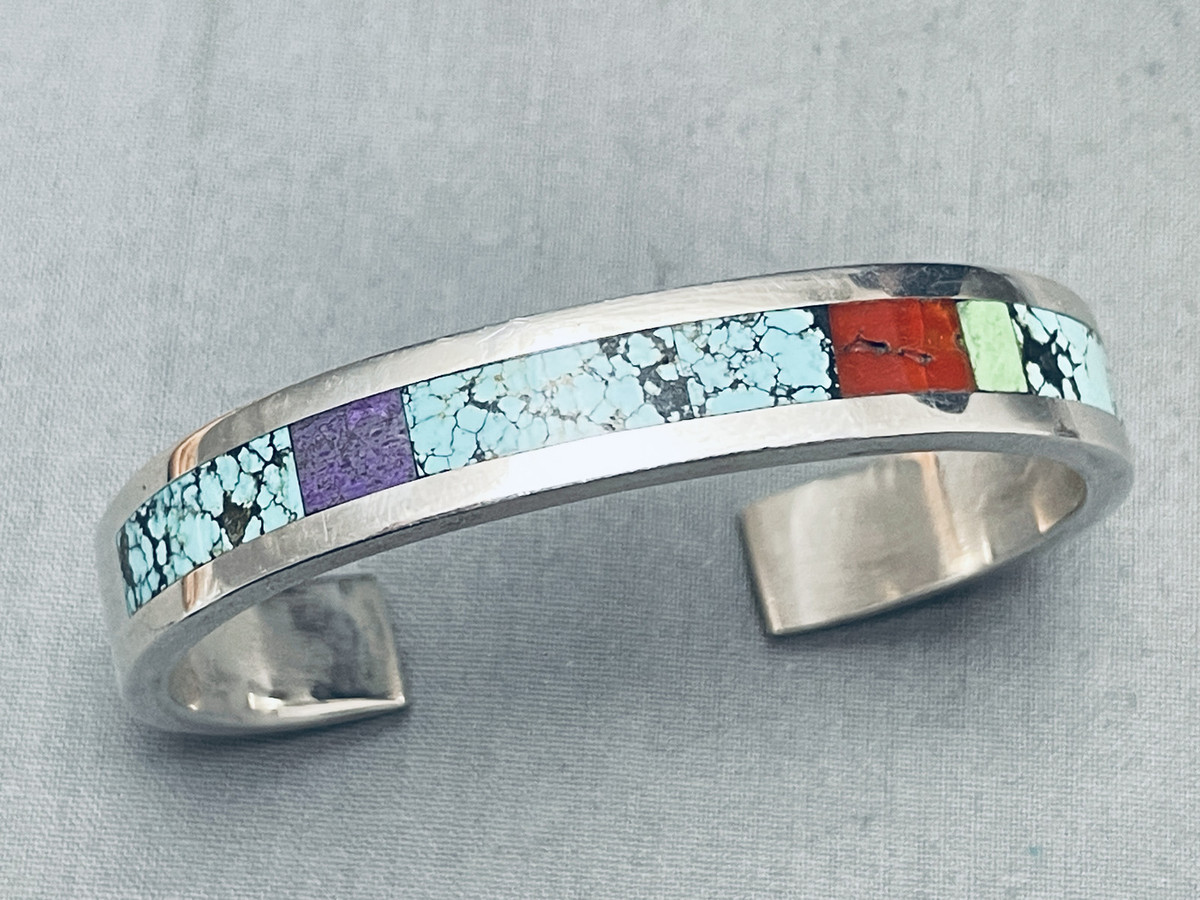 6.5 Inch Wrist Vintage Native American Navajo Spiderweb Turquoise Inlay Sterling Silver Bracelet 6.5 Inch Wrist Vintage Native American Navajo Spiderweb Turquoise Inlay Sterling Silver Bracelet
