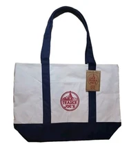 Trader Joe's Reusable Canvas Eco Tote Bag Heavy Duty Bag Blue White Brand NEW