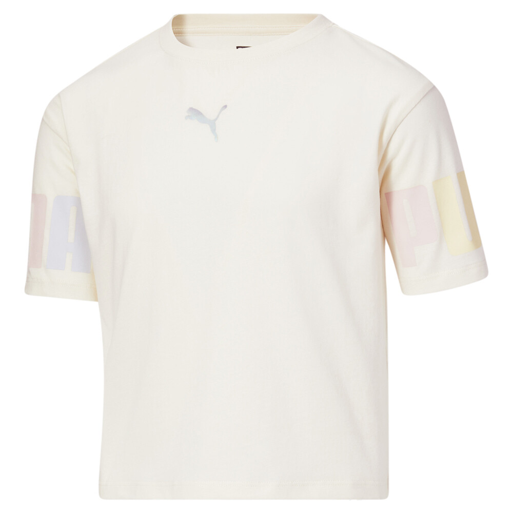 Футболка с круглым вырезом и коротким рукавом со светящимся логотипом Puma для молодых девушек, Размер L, повседневный топ