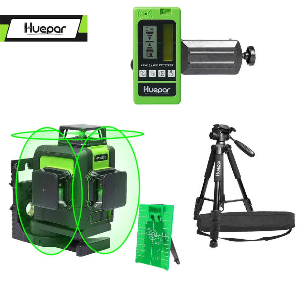 Huepar 3 x 360° Linienlaser Kreuzlinienlaser Grün+ Laserempfänger + Stative Satz