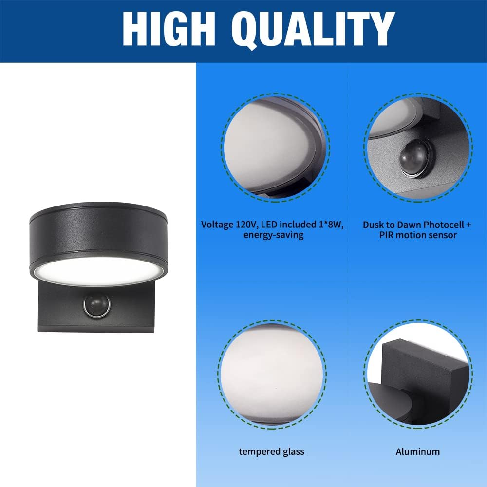 8W LED Motion Sensor Outdoor Lights, 3000K/4000K/5000K Aluminum Porch