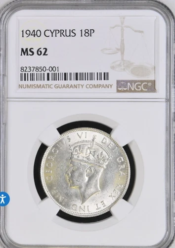 CYPRUS 18 piastres 1940 in MS62. NGC Graded !!