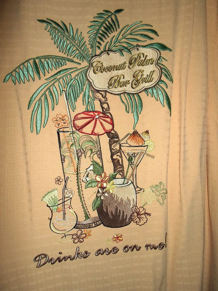 Montego Mon XL Silk Embroidered S/S Shirt Drinks On Me Coconut Palm Bar on Back - Image 3 of 4