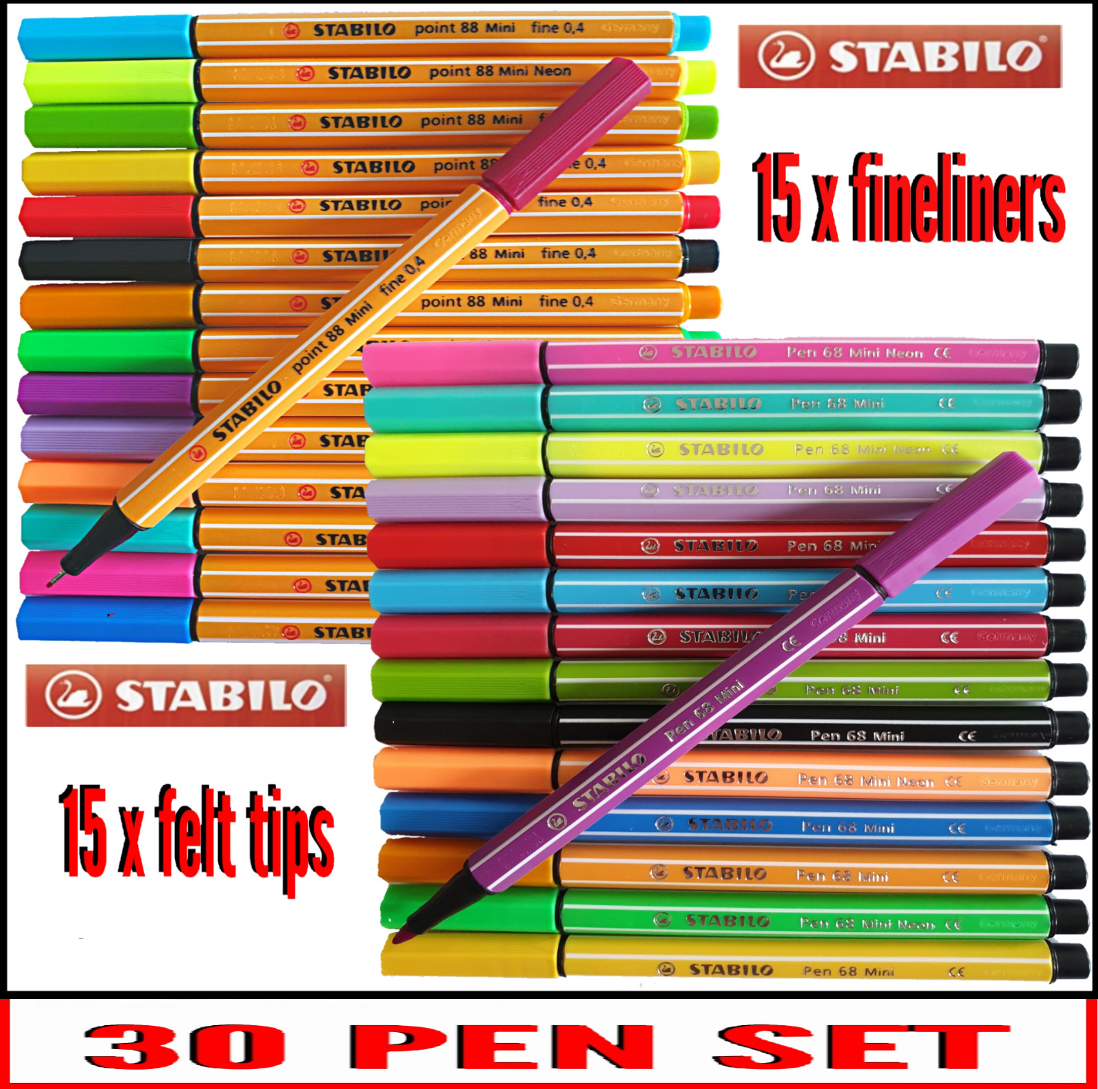 Stabilo Point 88 / 68 Assorted Fineliner + Felt tip  Pens x 30 pens inc neons