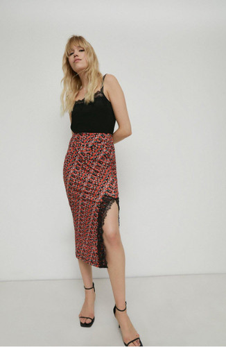 Warehouse Petite Printed Recycled Lace Trim Midi Skirt Size 8