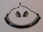 Vtg Signed Kramer Black Baguette Rhinestone Choker Necklace & Earrings Parure