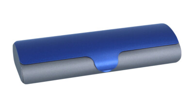 Schönes Aluminium-Brillenetui mit Schnappverschluss ''XENA'' in Blau-Grau  