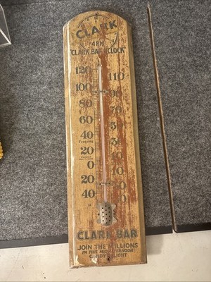 Original 1920s/30s Advertising Clark Bar Candy Wooden Wall Thermometer Working  