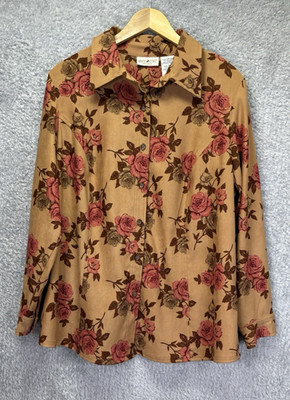 Vtg White Stag Womens 14W/16W Floral Roses Long Sleeve Button Up Shirt