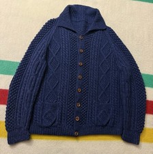 Vintage 70s 80s Handmade 1:1 Fisherman CableKnit Cardigan XL 2X Indigo Blue Rare