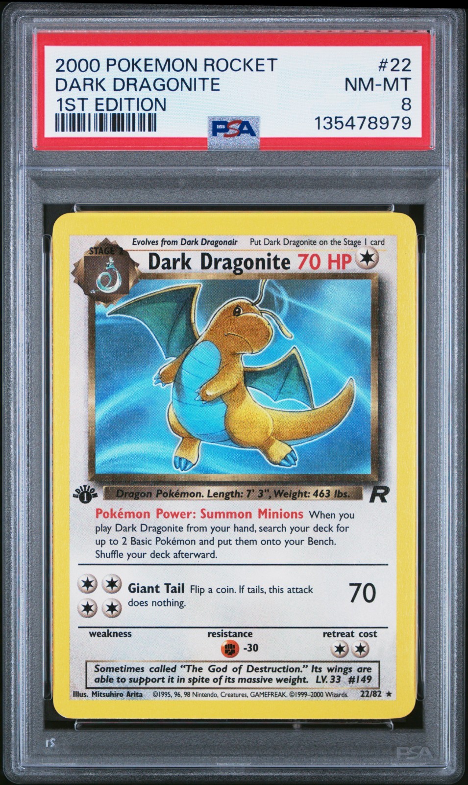 2000 POKEMON ROCKET 1ST ED #22 DARK DRAGONITE PSA 8