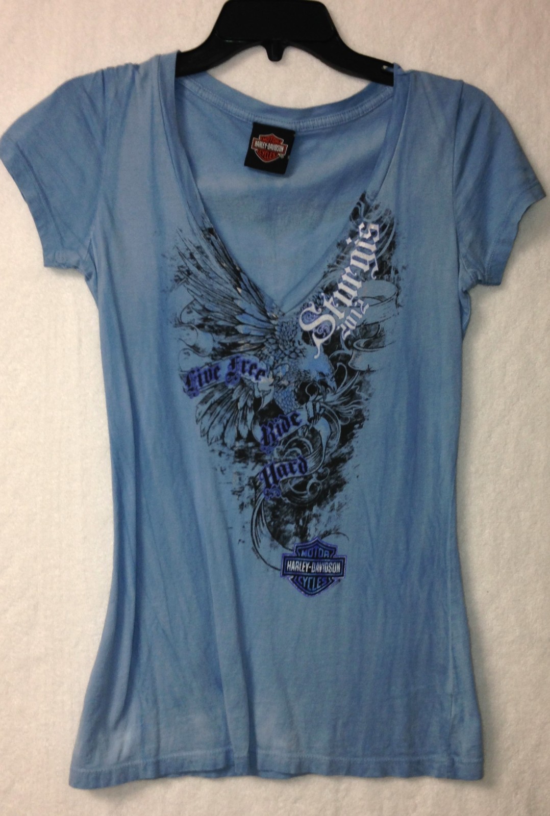 Harley Davidson Women's Top Shirt (Size Small) Black/Blue/White V-Neck