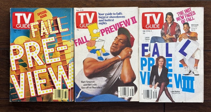 TV GUIDE MAGAZINE ALL 3 FALL PREVIEW ISSUES SEPT/OCT 1990 NO LABELS Vintage
