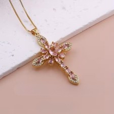 Pink Gold Crystal Cross Pendant Necklace Christian Faith Jewelry Women Gift