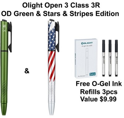 Olight OPen 3 OD Green & Stars & Stripes Pen Lights, FREE 3pcs Refills