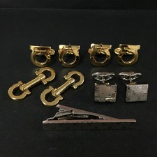 EGA Salvatore Ferragamo Gancini Gold Tone Cufflinks Tie Pin Bar 5 Set/6CD0095