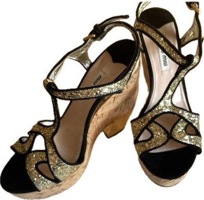 Miu Miu Sandals US 7.5 EU 37.5 Gold Textile Womens