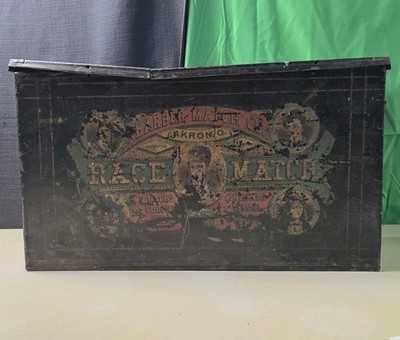 Antique 1800s Barber Match Co Race Match General Store Display Tin Akron, OH