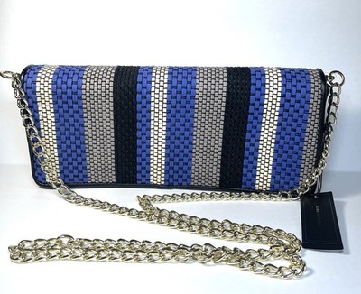 NWT $198 BCBG MAXAZRIA Blue Black Gray Sasha Leather Gold Chain Handbag