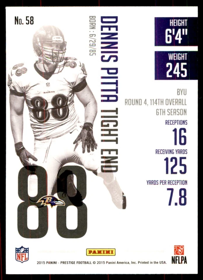 2015 Panini Prestige Dennis Pitta Baltimore Ravens #58 - Image 2 of 2