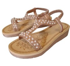 Ladies Elastic Strappy Low Wedge Rose Gold Pearl Sandals Casual Summer Shoes New