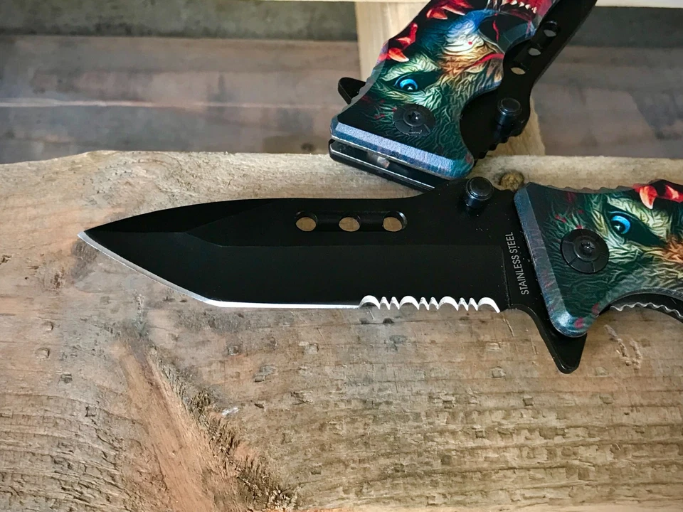 8.5" Wolf big teeth Tactical Spring Assisted EDC Pocket Knife w/Seatbelt Cutter - Image 2 of 4