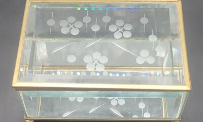 Beveled Jewelry Box Brass & Glass with Mirrored Bottom and Etched Flowers