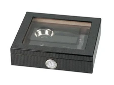 15 CIGAR HUMIDOR GIFT SET CARBON w. GLASS TOP incl ASHTRAY, CUTTER, HUMID, HYGR.