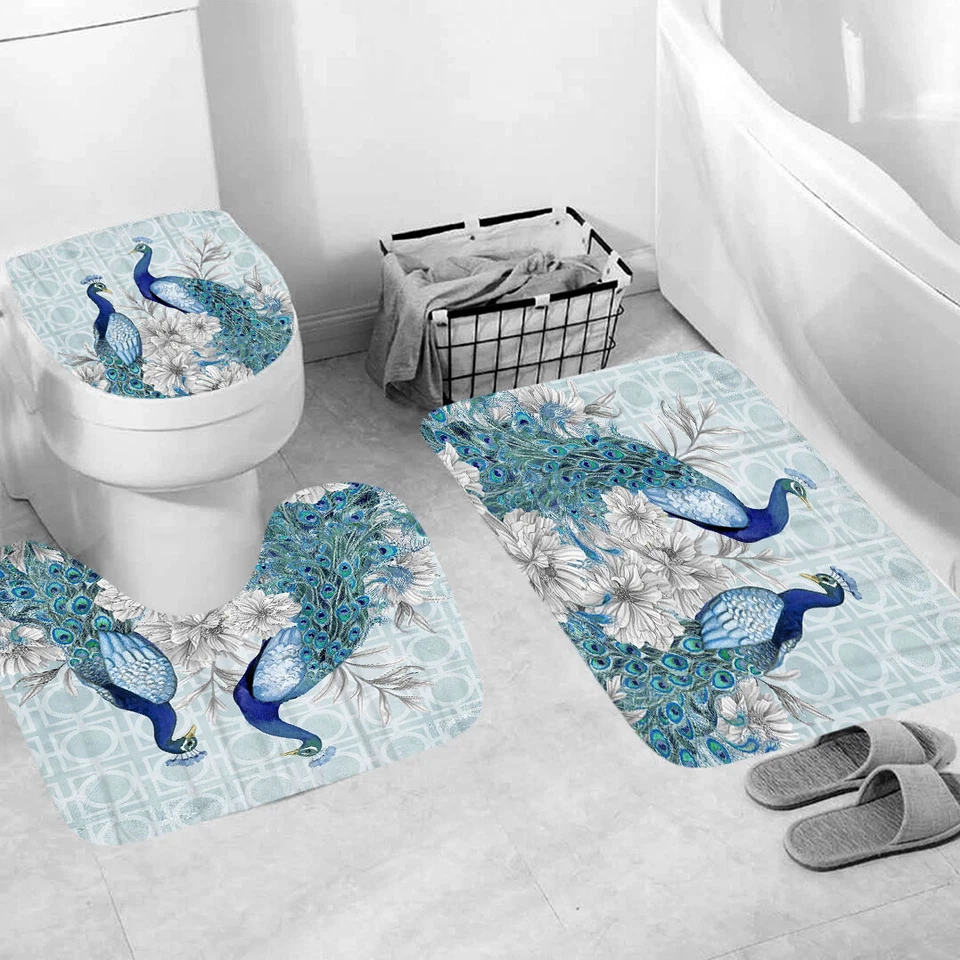 Juego de alfombras de baño cortina de ducha de pavo real alfombra de baño gruesa tapa de inodoro antideslizante* Foto 3 de 4