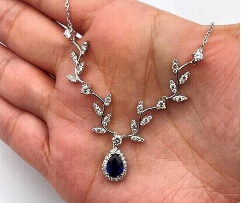 4CT Pear Cut Lab-Created Sapphire Women's 18 in Necklace 14K White Gold Plated - Image 2 of 4