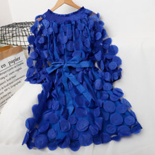 Women Mesh Lace Off Shoulder 3D Dress Puff Sleeve Midi Half Sleeve Sheer Dress